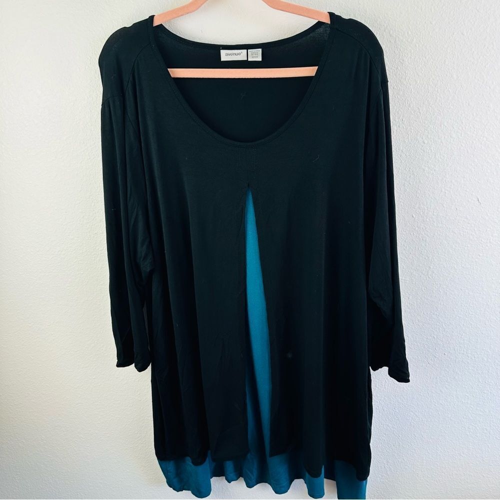 Avenue Teal Black Layered Look‎ 3/4 Sleeve Tunic Top Size 22/24